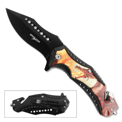 3D Printed SPEED TECH Spring Assisted Red Fire Breathing Dragon Pocket Knife 