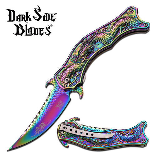  DARK SIDE BLADES Dragon Mirror Rainbow Titanium Blade Folding Pocket Knife 
