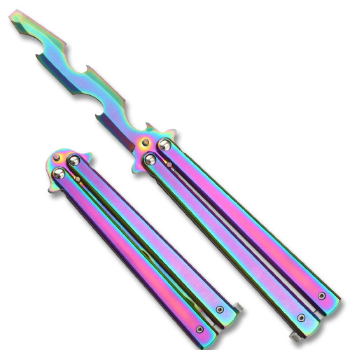 Bottle Popping Balisong Training Rainbow Butterfly Bottle Opener Knife Style Metal