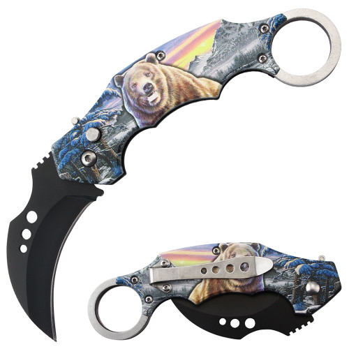 Automatic Karambit Knife 3D Printed Grizzly Bear Pocket Knife