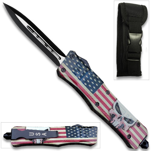 American Punisher Swift OTF Knife Double  Edge Blade American Flag