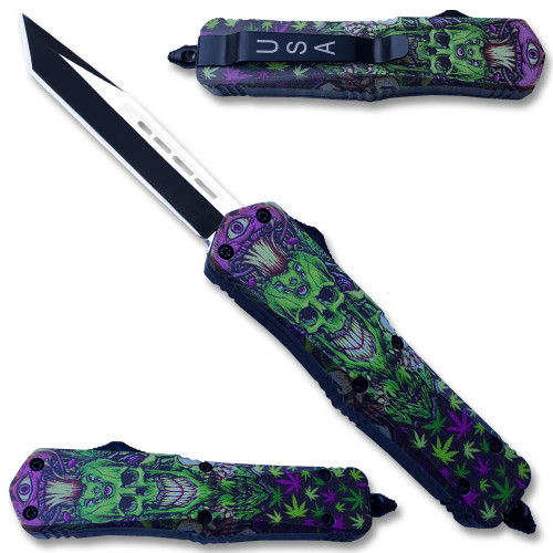 Green & Purple Skull Tanto Blade OTF Knife 