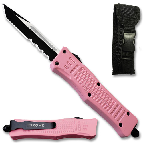  Pink Legacy Edge OTF Knife Tanto Point, Double Edged Blade