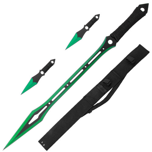 GREEN NINJA WARRIOR  SWORD 27" OVERALL 2 PCS THROWING KNIFE SET