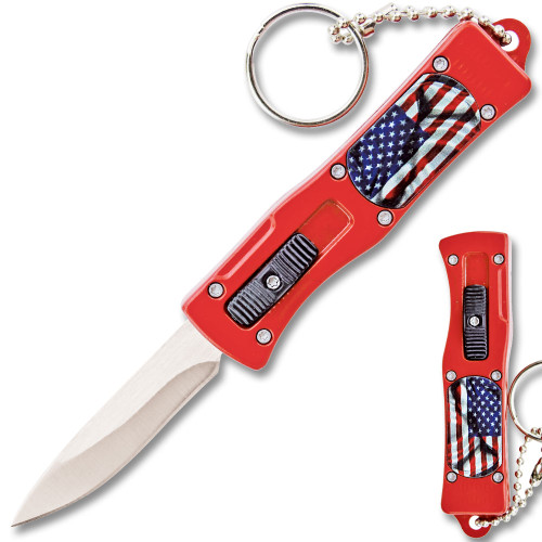 3 D American Flag  California Legal OTF Dual Action Knife (Red) with Key Ring
