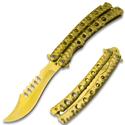 Serrated Swift Gold Handle  Balisong  Gold Blade Coated Butterly Knife Curved Blade