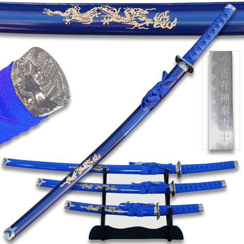 3 pcs Sword Set Blue Carved Gold Dragon Sword Set With Stand
