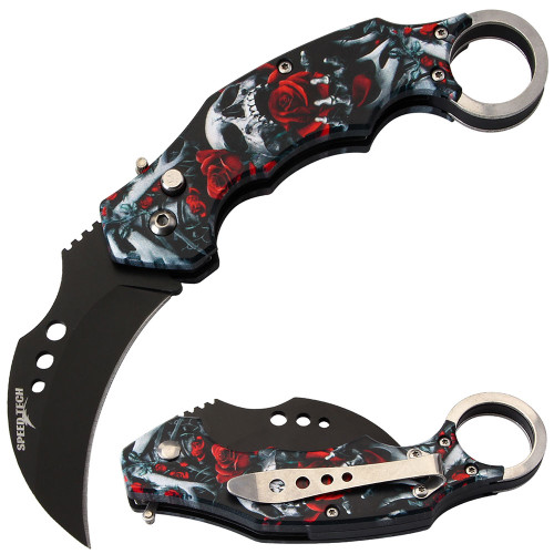 Automatic Karambit  Knife 3D Printed Red Rose & Skull Handle