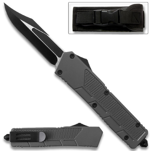 Grey  Drop Point  Single Edge OTF Out The Front Assisted Open Tactical Glass Breaker 