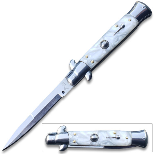  White Pearl  Classic Stiletto Knife White Pearl Handle 