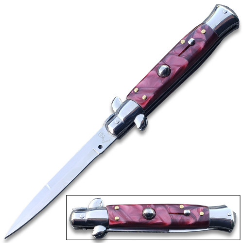 Red  White Pearl  Classic Stiletto Knife Red Pearl Handle 