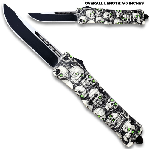 3D Skull with Black & White Zombie Straight Blade OTF Knife