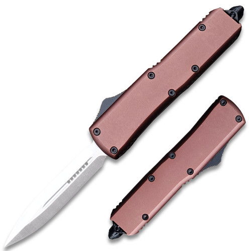 Metallic Brown Legends Micro D2 Steel OTF Stiletto  Double Edge Silver Blade
