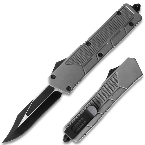 Grey Drop Point  Single Edge OTF Out The Front Assisted Open Tactical Glass Breaker 