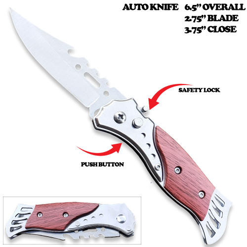 Auto Push Button  Wood Handle Pocket Knife  
