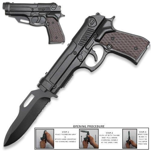  8″ Black Semi-Auto Pistol Style Assisted Knife Slide Cocking Open Mechanism