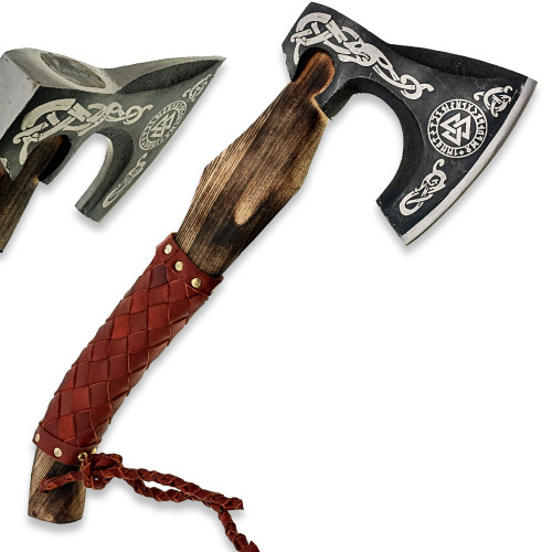  WHITE DEER Hand Forged Viking Axe With Custom Viking Etched  Brown Leather Wrapped Handle 