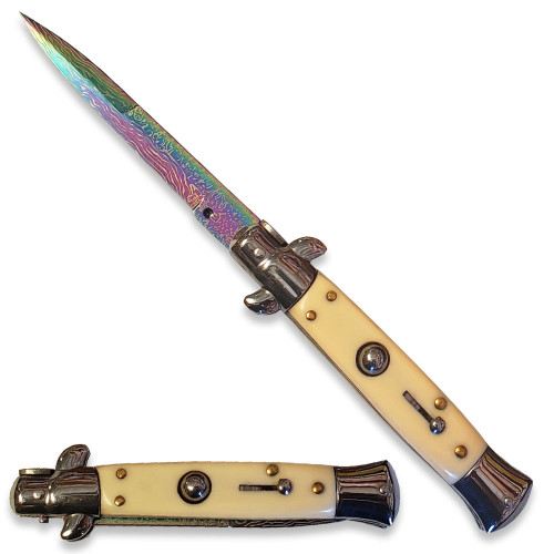  Rainbow Damascus Pattern  Ivory Color Handle Automatic Stiletto Knife