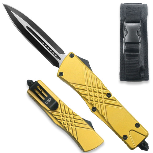  Gold Spear Point OTF Out The Front Assisted Open Tactical Glass Breaker