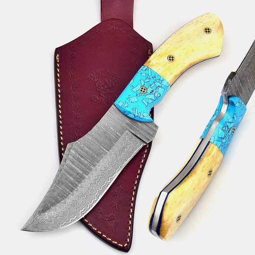 White Deer Damascus Steel Knife Bison Hunter w/Blue & White Camel Bone