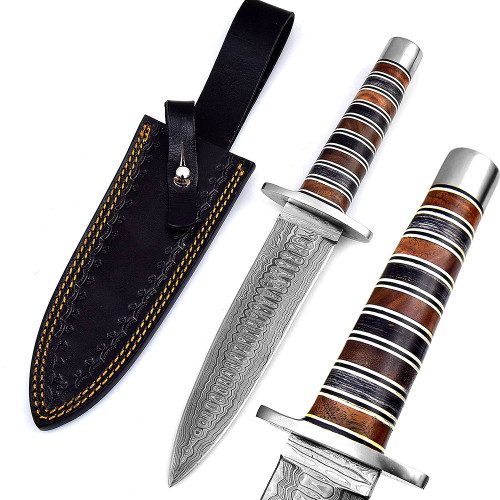 White Deer  Unique Round Handle Custom Damascus Double Edge Dagger    