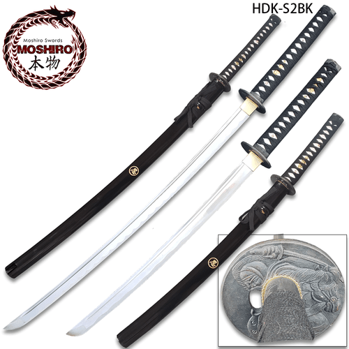 MOSHIRIO Handmade 1045 HC Two Piece Sword Set Black with Stand