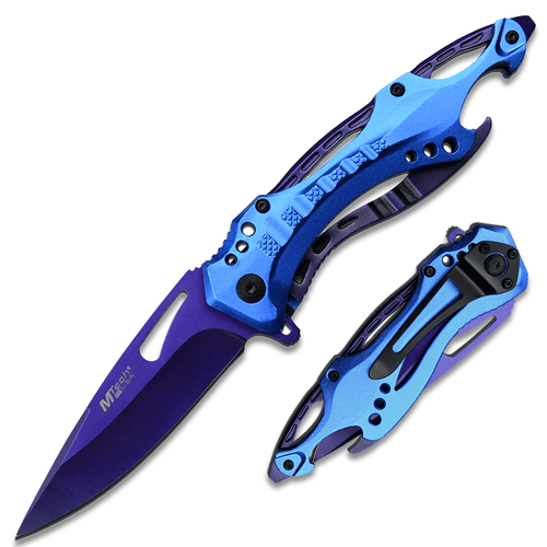 MTECH USA SPRING ASSISTED KNIFE BLUE HANDLE AND PURPLE BLADE