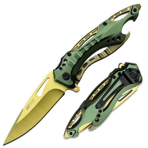 MTECH USA SPRING ASSISTED KNIFE GREEN HANDLE AND GOLD BLADE