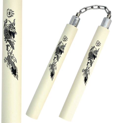   12" Foam Nunchaku, White Color with Chain Black Dragon design imprint. 