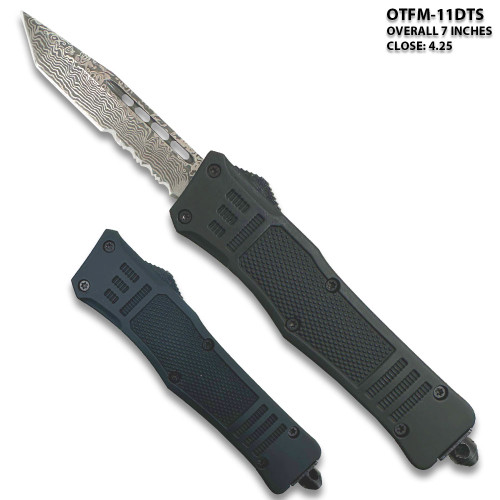 Black Legacy Edge OTF Knife Tanto Point Half Serrated Edged Damascus Pattern Blade 