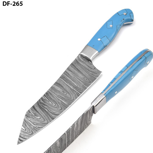 Santoku Forged Chef Knife Damascus Steel Blue Resin Grips 