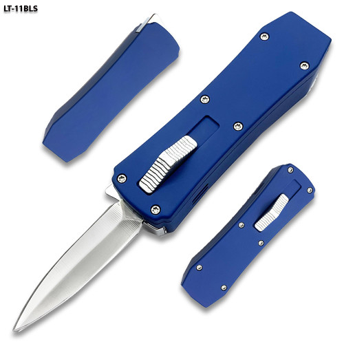Butane Lighter OTF Knife Double Edged  Blue Handle Silver Blade
