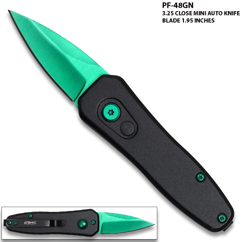 Green Push Button Legal Auto Knife Black Handle 