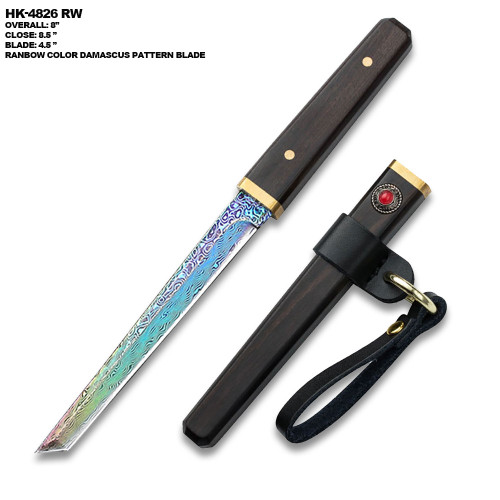 Unique Slim Damascus Pattern Knife with Wood Handle