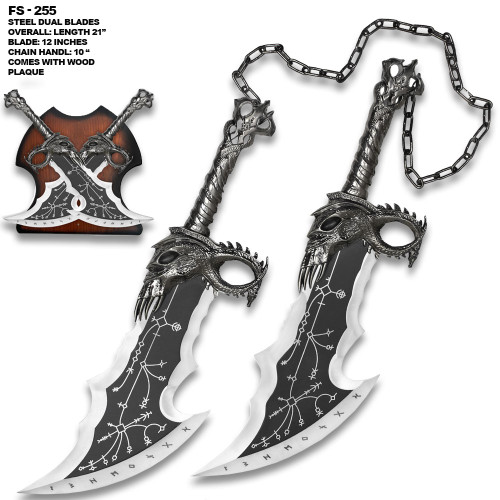 New Addition God Of War Twin Blade Short Dagger Set w Wall Plaque