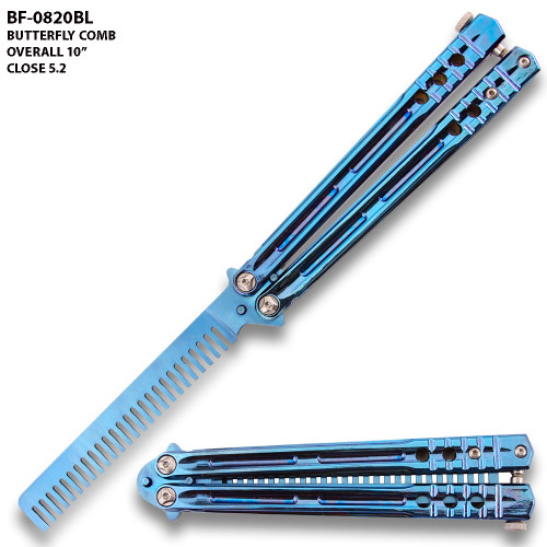 Blue Titanium Stainless Steel Folding Butterfly Balisong Comb