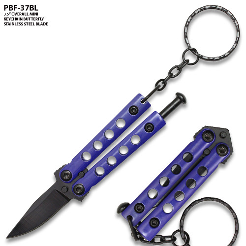 Mini Blue Key Chain Butterfly Knife Drop Point Edge Blade