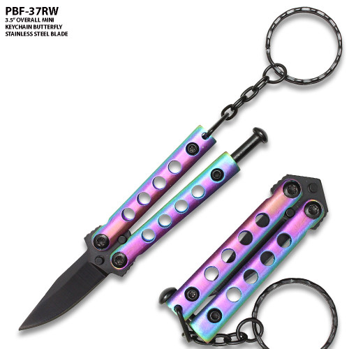 Mini Rainbow Key Chain Butterfly Knife Drop Point Edge Blade