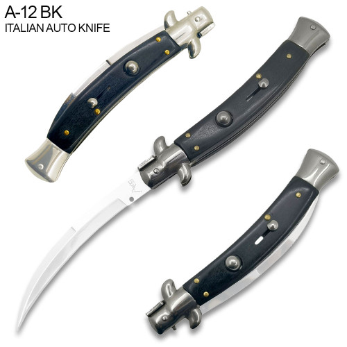 Black Italian 9.75"  Stiletto Switch Curved Blade Pocket Knife