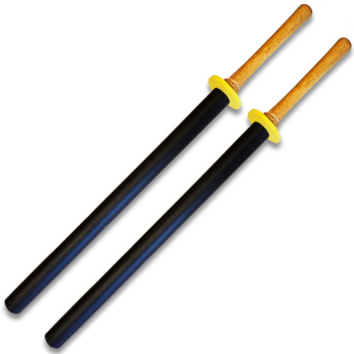 Set of 2 Black Hard Wood Grip Foam Padded Training Practice Sword