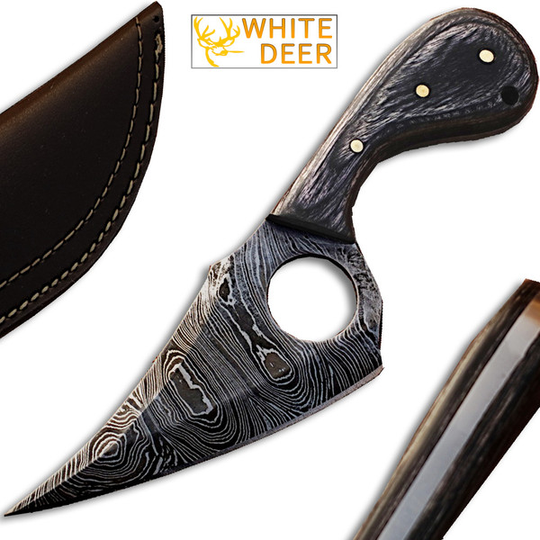 White Deer  Damascus Steel Skinner Knife w/Finger Hole (Micarta Wood Handle