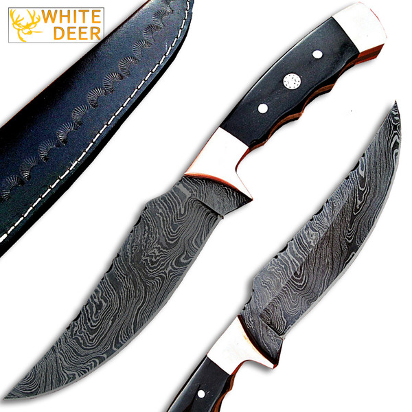  White Deer Deplorables Damascus Bowie Knife Buffalo Horn&Copper Bolster Trailin