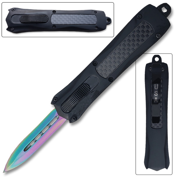  Double Edge OTF Knife Out The Front Tactical Rainbow Blade Carbon Fiber Handle