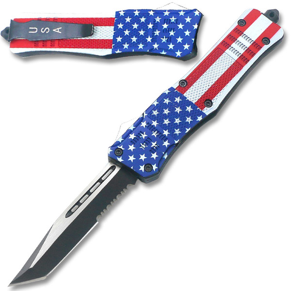 American Flag Swift OTF Knife TANTO Edge Serrated Blade