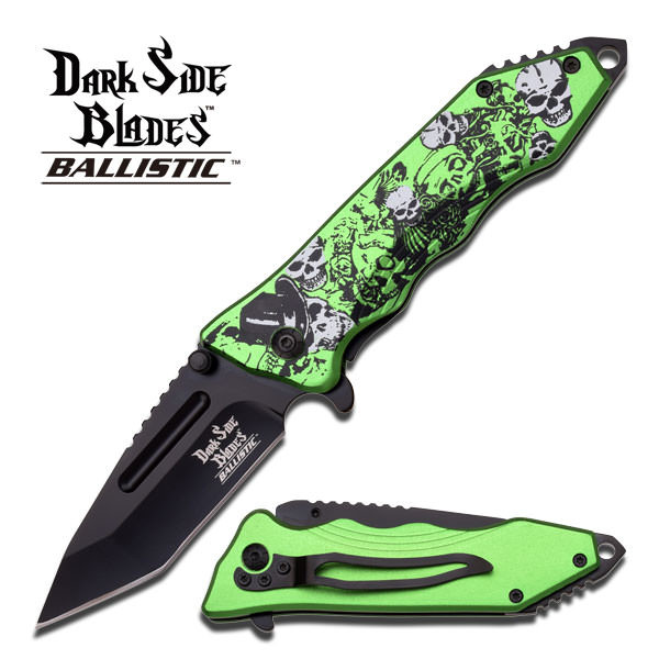 Dark Side Blades Tanto Spring Assist Tactical Knife Joker Skull Green