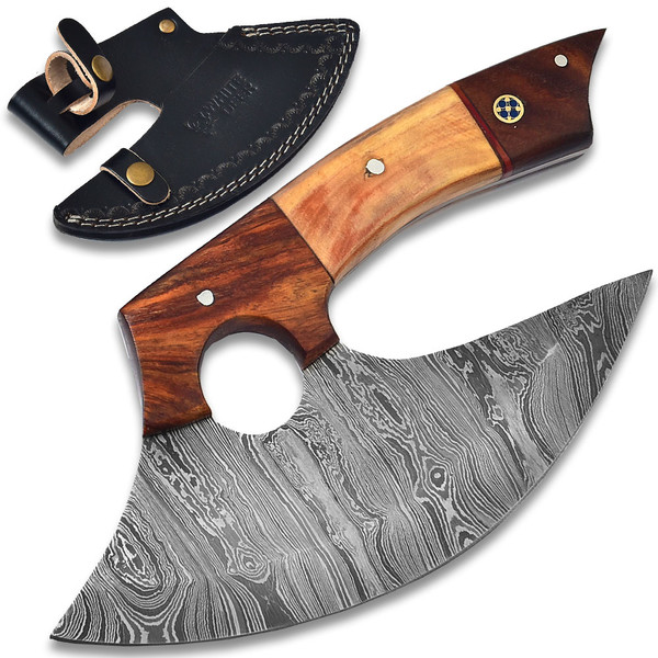 White Deer Handmade Damascus Ulu Knife, Damascus Pizza Meat Cutter, Damascus Hunting Knife
