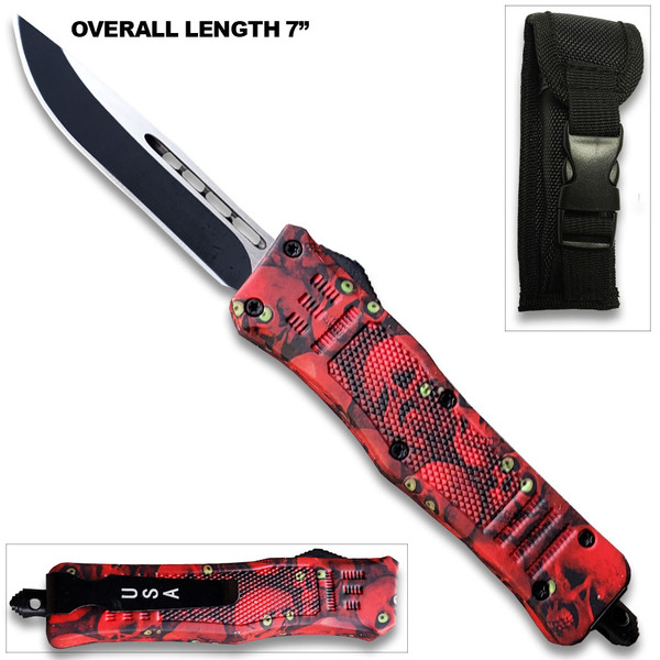  7"Overall Drop Point Edged Red Zombie OTF Knife With Green Eye