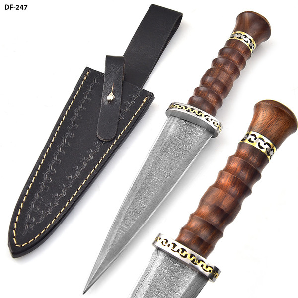 Unique Round Handle Dark Wood Custom Damascus Double Edge Dagger    