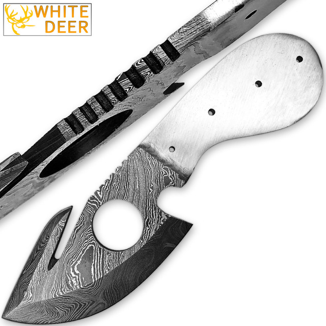 WHITE DEER Guthook 7.3in Damascus Skinner Knife Blank Blade