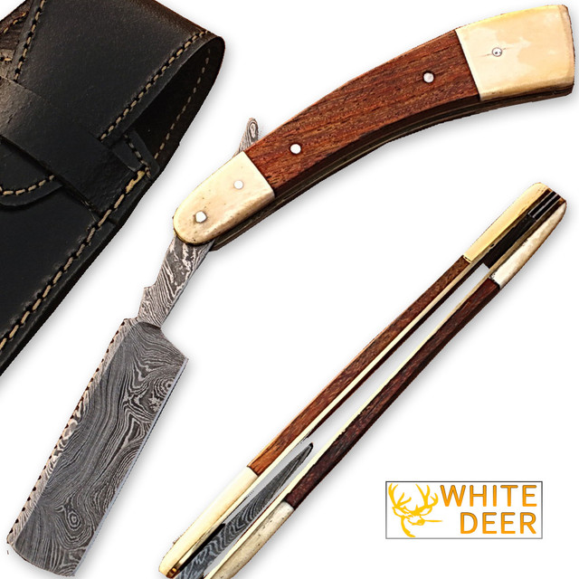 Whit Deer Damascus Steel Straight Razor w/ Camel Bone & Wood Handle